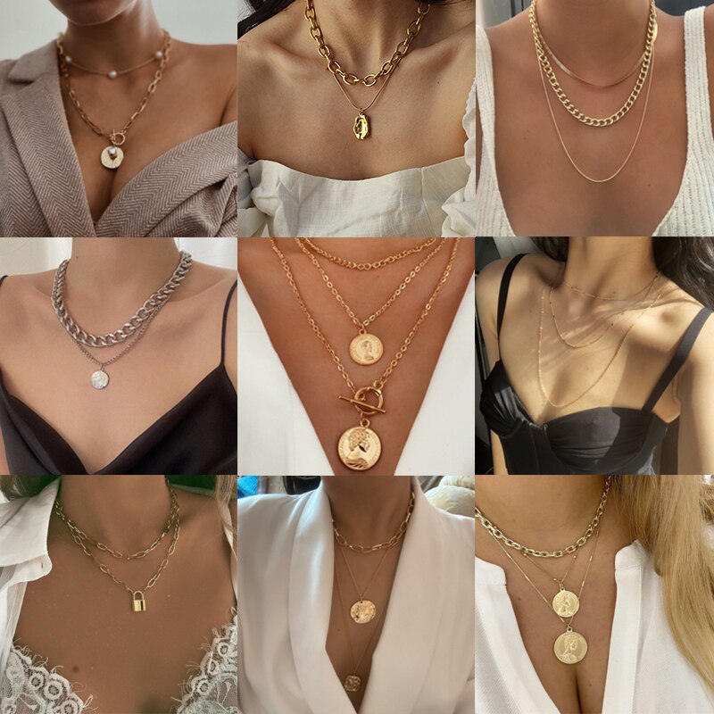 Bohemian Multi-layered Portrait Coin Necklace For Women Gold Geometric Round Lock Pendant Necklaces Sweater Jewelry