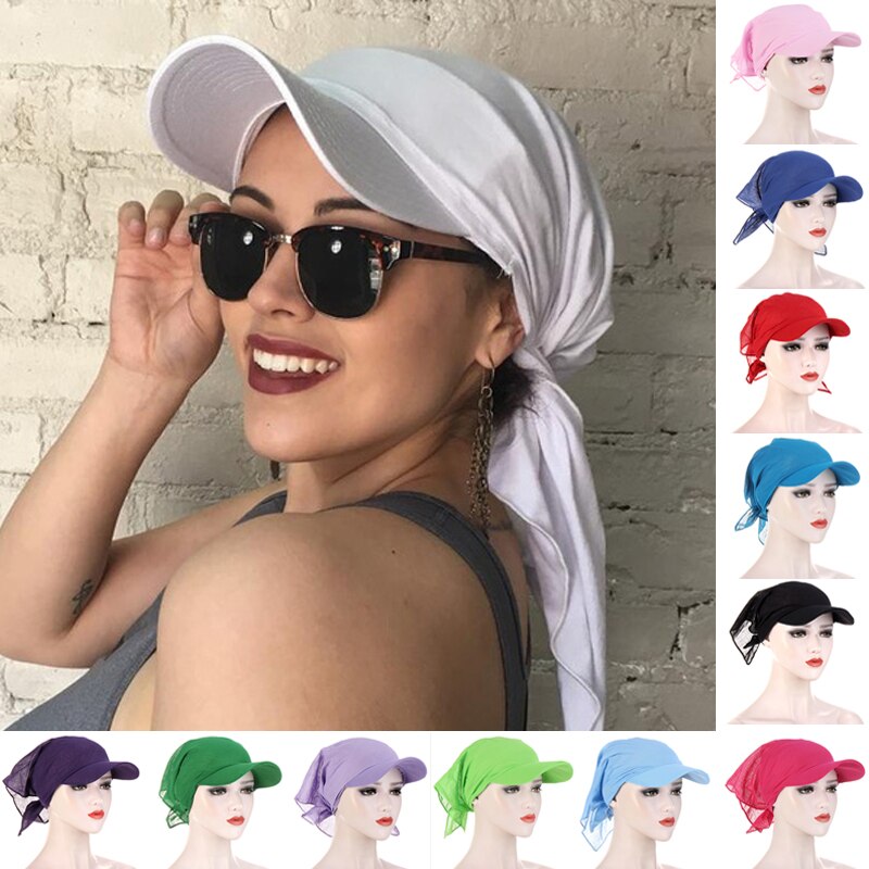1PC Women Durag Brim Cap Sun Visor with Pre-Tied Turban Caps Head Scarf Hijab Pure Color Muslim Beach Vacation Outdoor