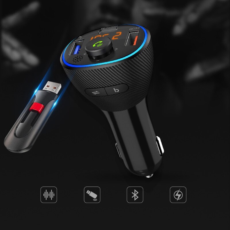 Car Kit Handsfree Wireless FM Transmitter PD18W& QC3.0 One Key Bass Bass Music XXFF