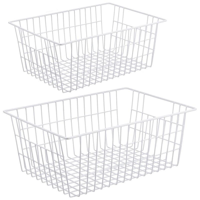 2 Pack Wire Storage Baskets, Farmhouse Metal Wire Basket Freezer Storage Organizer Bins with Handles: White