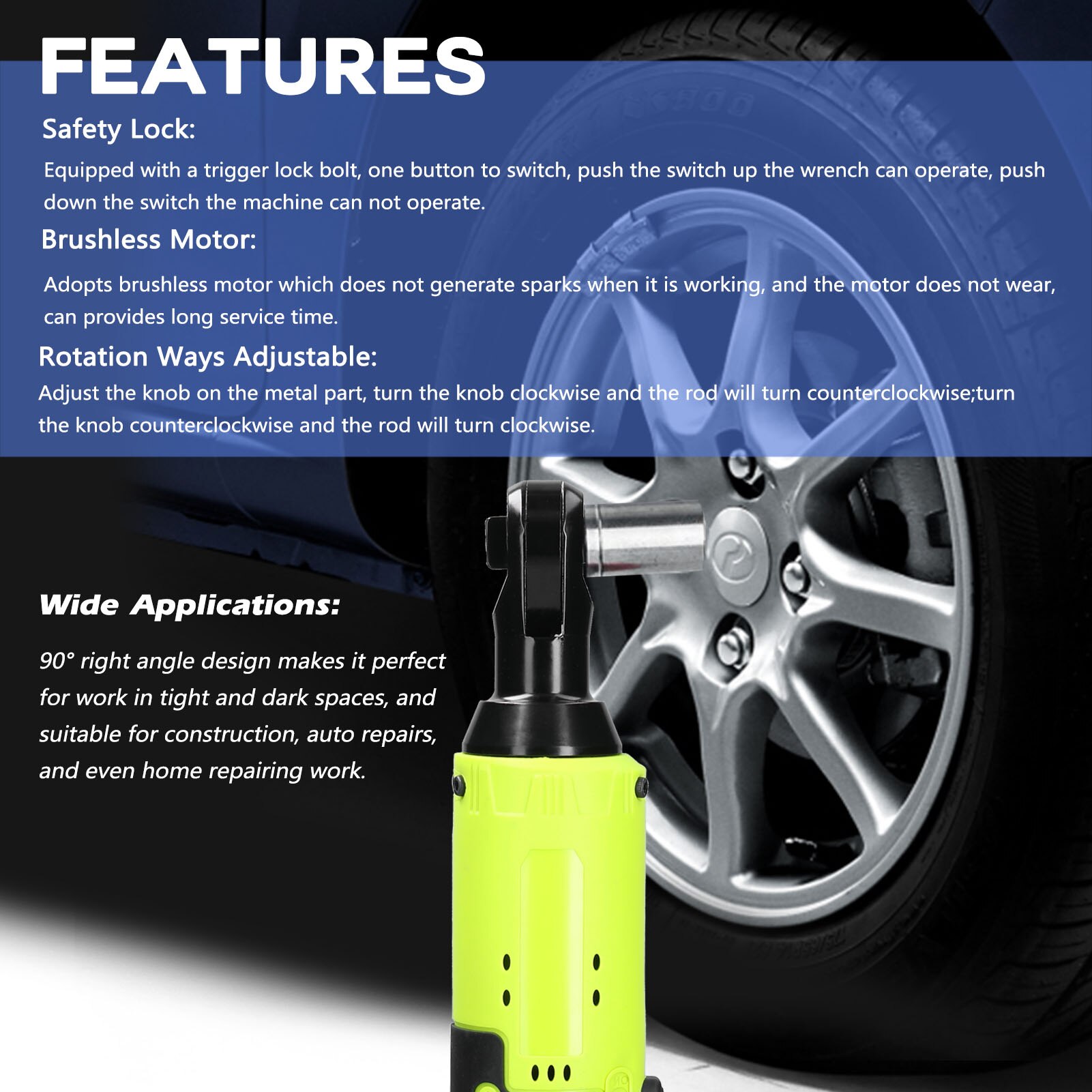 Multifunctional 12.0V Cordless Rechargeable Electric Wrench 3/8 Inch 90° Right Angle Ratchet Wrenches Handheld Driver Power Tool