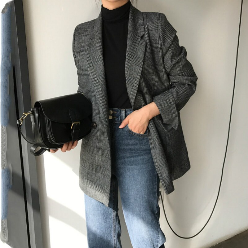 Kvinnor höst kavaj kostym jacka rutig kappa dubbelknäppt kavaj mujer grå chaqueta mujer casual väste femme manteau