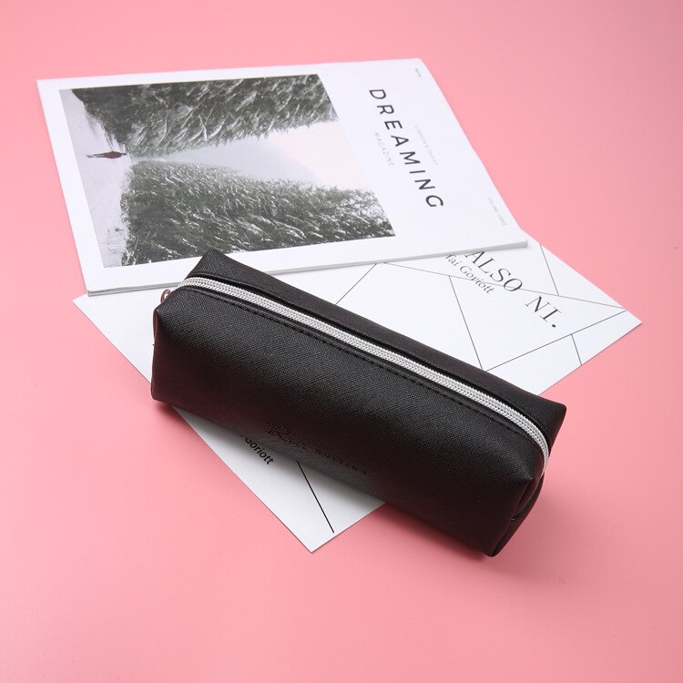 Cute Black PU Leather Pencil Case Big Capacity Zipper Pencil Box For School Pencil Bag School Supplies Tools Girl Cosmetic Bag: A