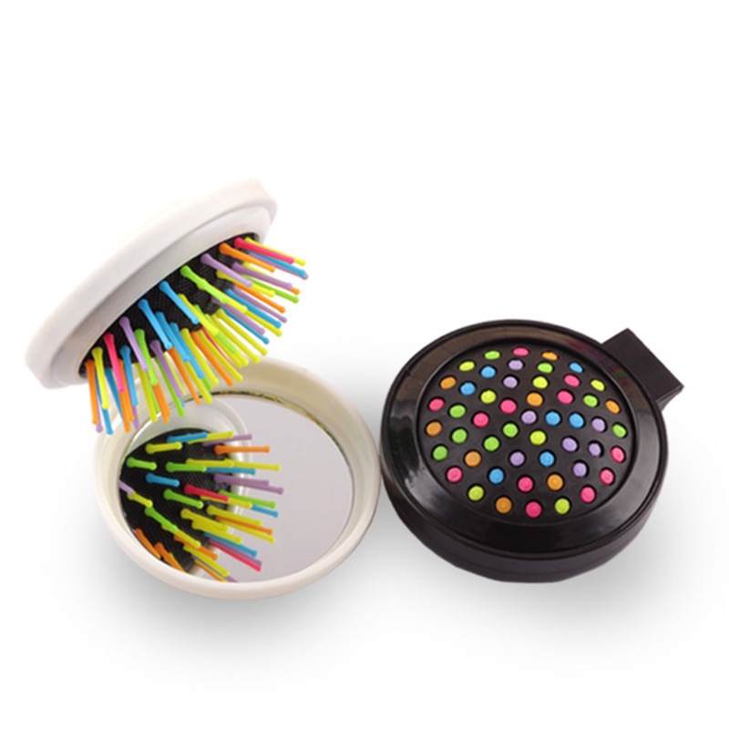 Peine plegable portátil de bolsillo redondo para niña, peine de masaje de viaje de tamaño pequeño, cepillo para el pelo con espejo, herramientas de estilismo, 7 colores, TSLM1
