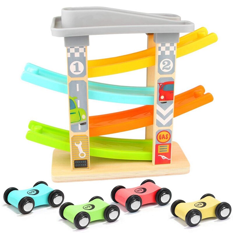 1 Set 4 Mini Car Wooden Track Ramp Racing Game & 20Pcs Children Play House Storage House Travel Bus Storage Box Toy