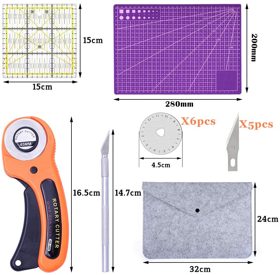 KAOBUY 6PCS Rotary Cutter Set With Cutting Mat Patchwork Ruler, Carving Knife, leather Cutting Tools Set