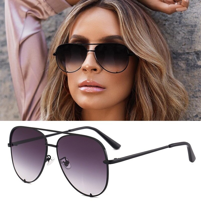Flad top luftfart solbriller kvinder  uv400 retro mærke luksus spejl solbriller til kvindelige damer metalramme briller: D553 sortgrå