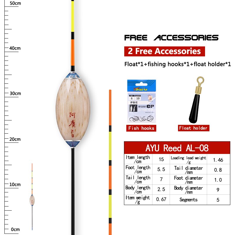 1PC Reed Fishing Float+1 Bag Hook+1 Buoy Holder Deep Water Bobber Fresh Water Buoy Carp Fishing Sensitive Float Tool Accessories: AL-08