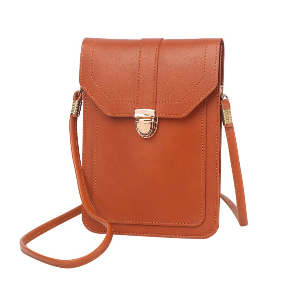 Sac en cuir pour Mini téléphone portable | Sacs à bandoulière, avec arrière latéral, fenêtre transparente pour écran tactile: Brown