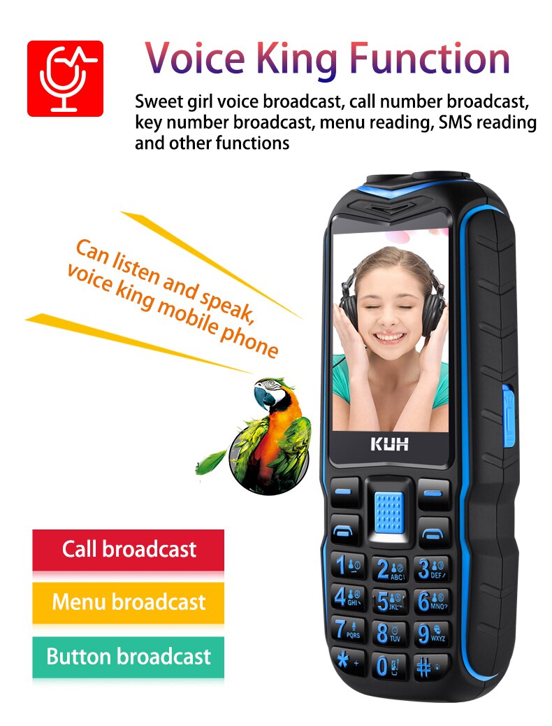 KUH T3 Dual Flashlight Power Bank Rugged Cellphone Big voice Outdoor Shockproof Mobile Phone 13800mAh 2.4 Inch Quick Dial Phone