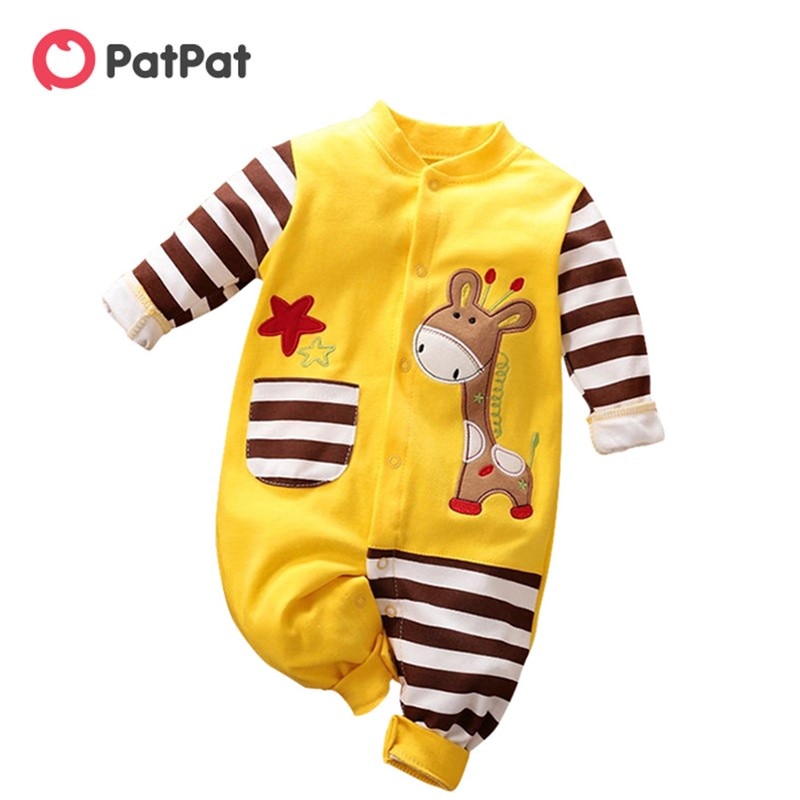 PatPat Otoño e Invierno algodón bebé jirafa bolsillo bebé mono de rayas de un solo pecho ropa de bebé