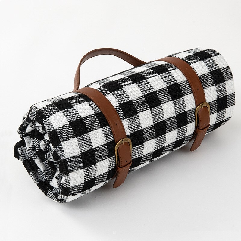 Thick Leather Straps Picnic Mat Outdoor Picnic Camping Moisture-proof Mat Picnic Cloth Camping Hiking Camping Equipment: Black white plaid / 150x200cm