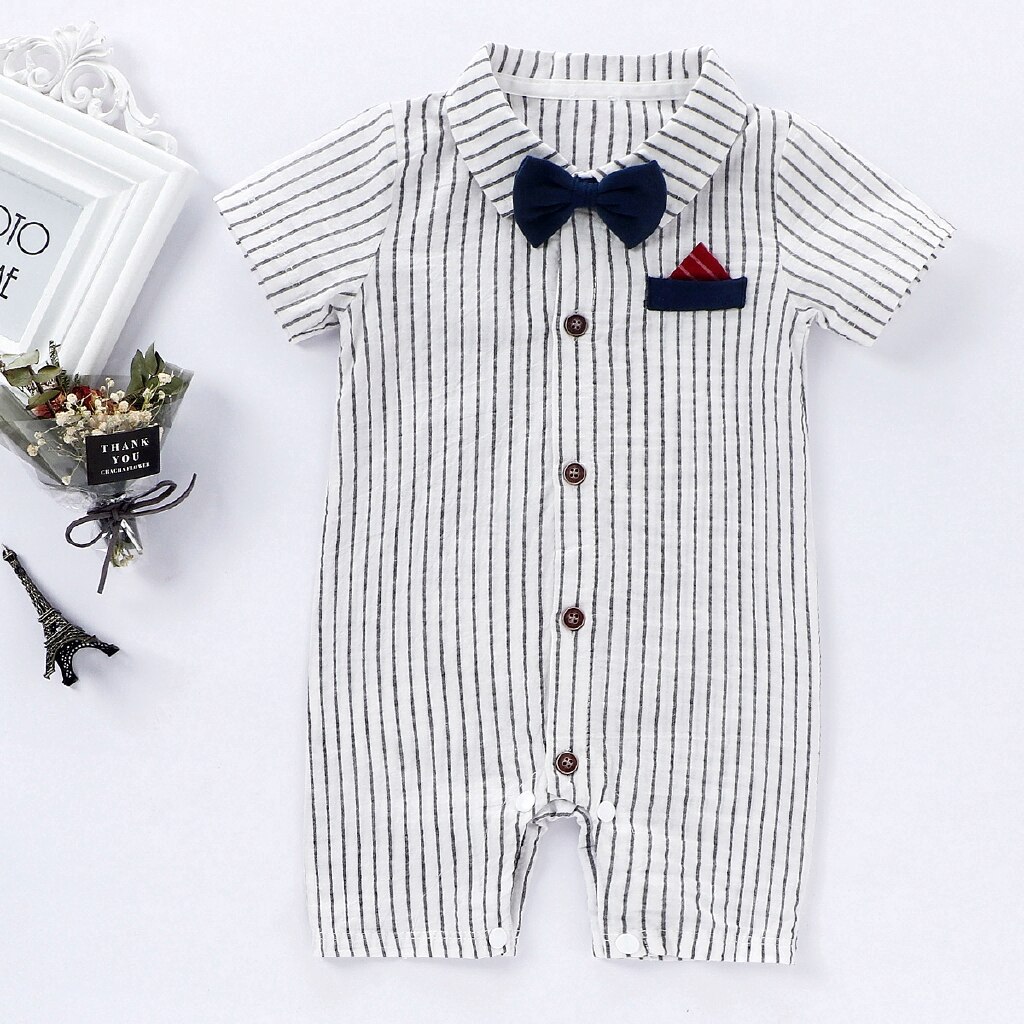 Baby Boy Kleding Pasgeboren Party Bow Tie Romper Gentleman Peuter Streep Katoen Korte Mouwen Jumpsuit Baby Zomer Kleding: WHITE / 18m