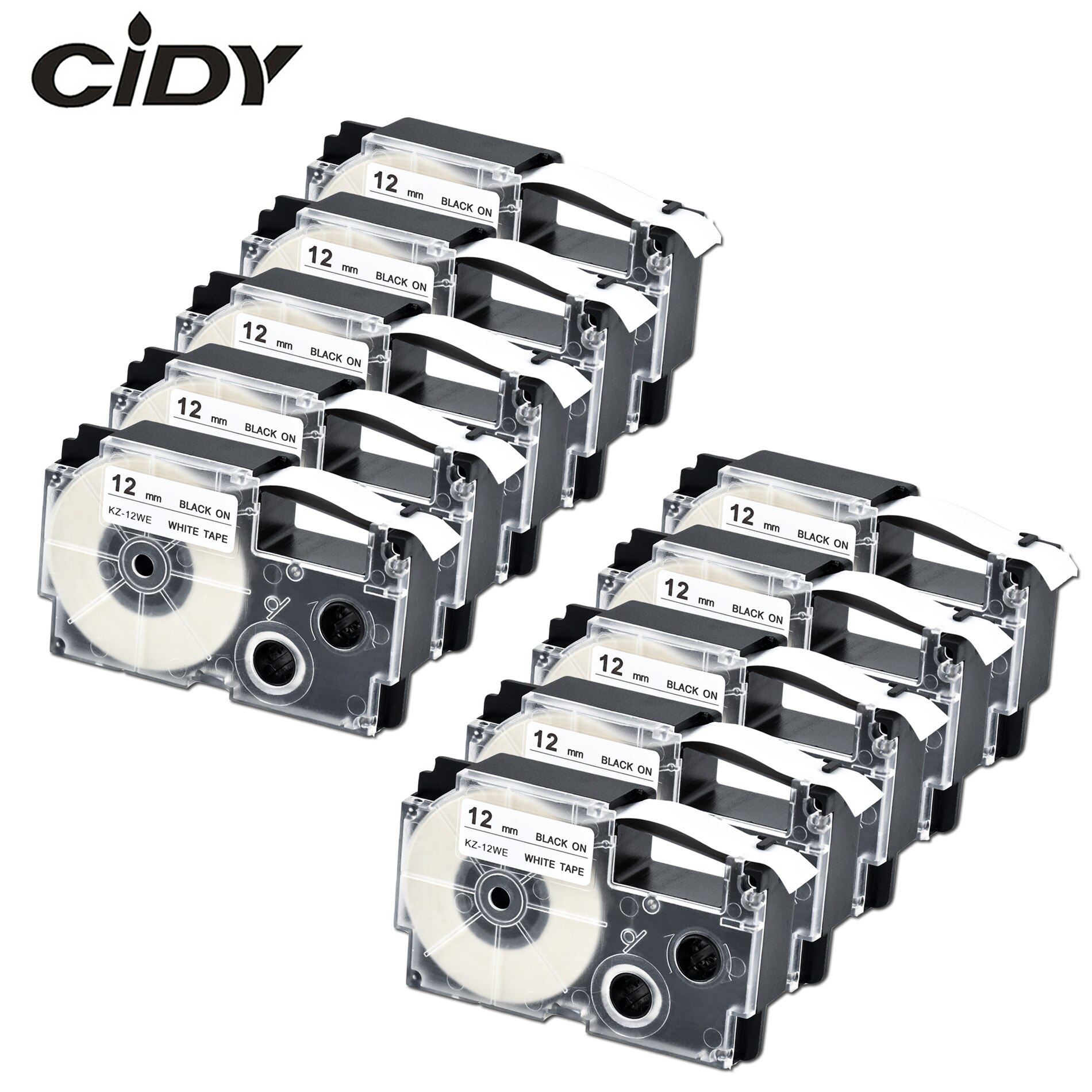 CIDY 10pcs Compatible XR-12WE XR12WE 12mm Black on White Tape Cartridge for Casio label maker KL-120 KL-100 KL-780 KL1500
