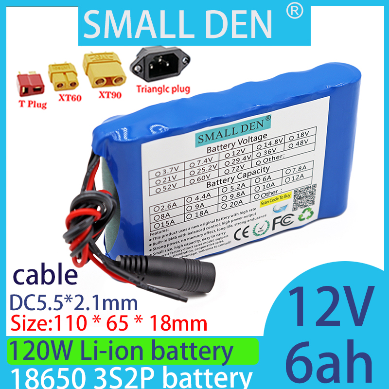 12V 6ah 18650 lithium battery pack 3S2P 6000mAh high current high-power battery, suitable for rechargeable batteries 10A BMS120W