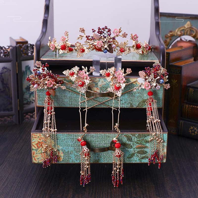 FORSEVEN chinois Vintage mariée ensemble de bijoux de mariage chine traditionnelle ethnique chapellerie de mariée diadème couronne épingles à cheveux boucles d'oreilles: Default Title