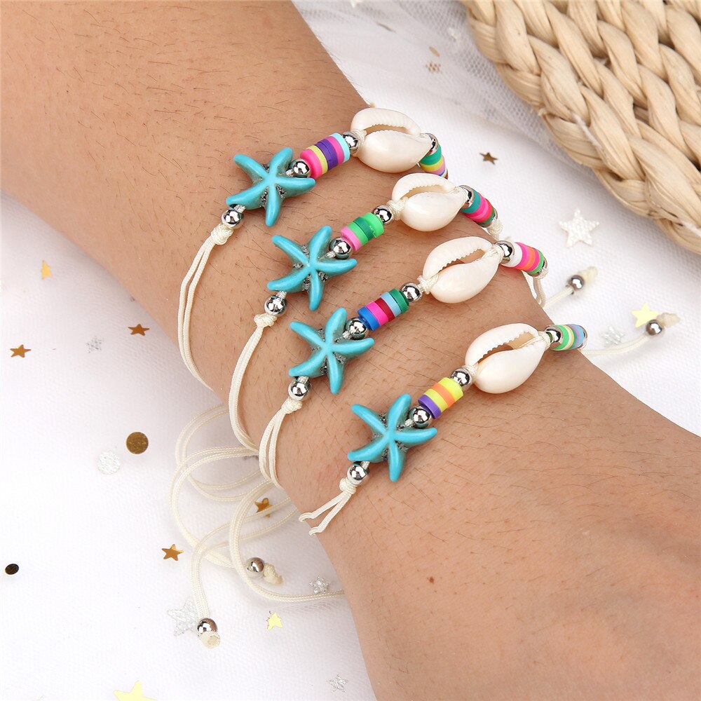 Boho 12 Stks/partij Vrouwen Shell Zeester Charms Armband Set Gevlochten Verstelbare Touw Ketting Handgemaakte Zachte Klei Enkelband Beach Sieraden