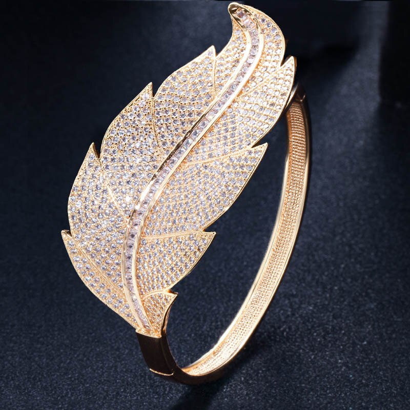 CWWZircons Luxury Brand Women Wedding Jewelry Cubic Zirconia Leaf Shape Big Wide African Dubai Rose Gold Open Bangles BG015: yellow gold