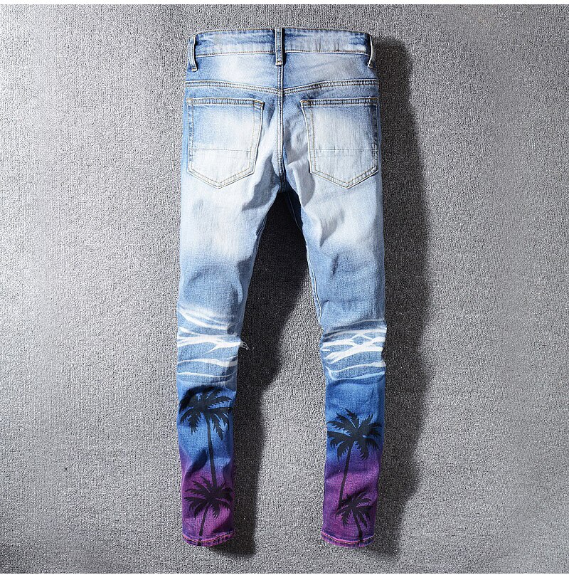 Herr manlig man kokospalmtryckt färgade slitna jeans slim fit hål distressed stretch jeansbyxor