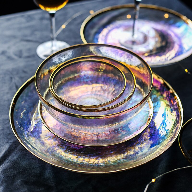 Rainbow Glass Tableware Dinner Plate Dessert Salad Bowl Western Dish Dinner Tray Fruit Plate Dinnerware Sets Plate