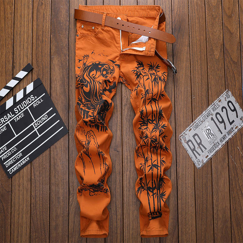 Pantalones vaqueros informales con estampado de para hombre, Jeans ajustados para correr, ropa informal estilo Hip Hop, color naranja, WA111,: 32