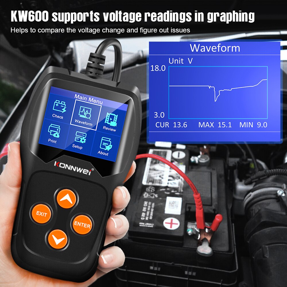 KONNWEI KW600 Auto Batterie Tester 12V Analysator 100 zu 2000CCA Prüfung Batterie Gesundheit/Fehler 12V Digitale Farbe bildschirm Auto diagnostizieren