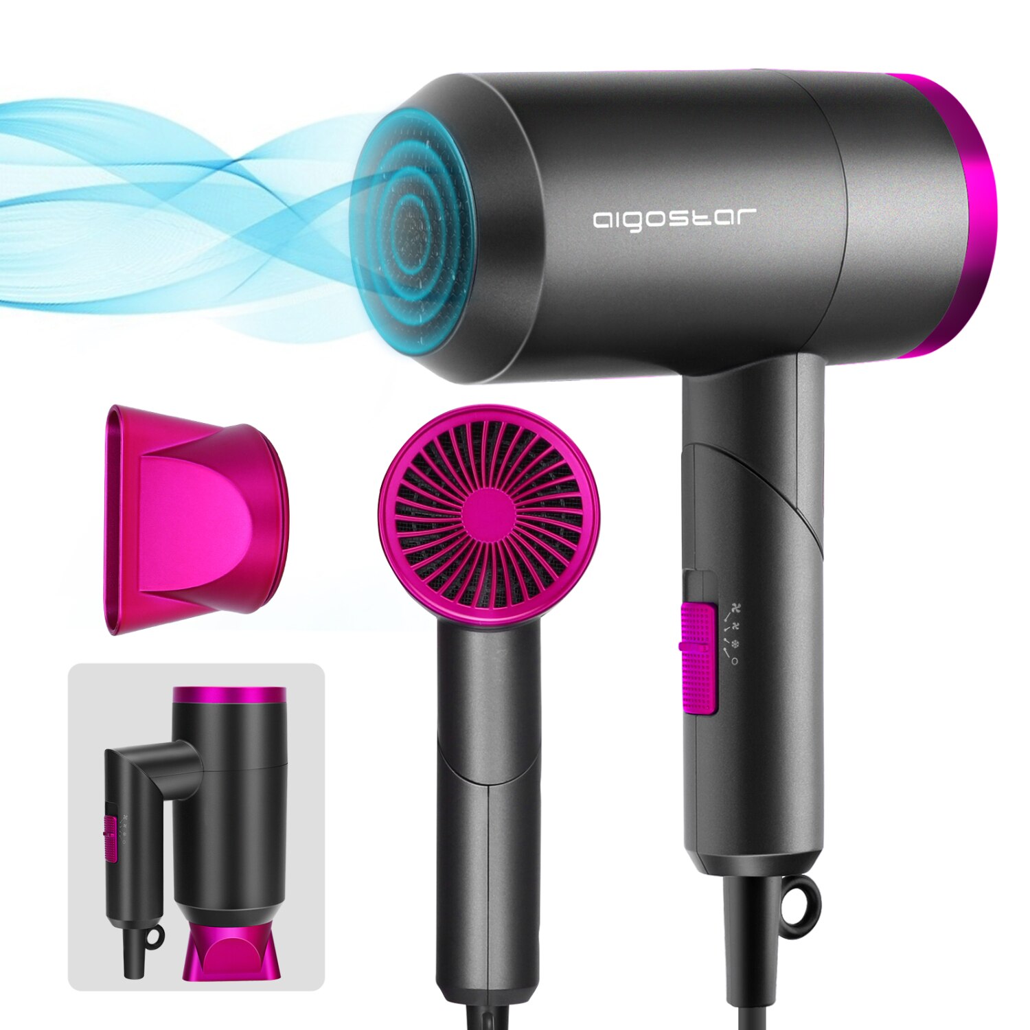 Aigostar Diane 32QYD - Secador de pelo， 1800W， ocupa poco espacio: mango plegable， 2 velocidades， 3 temperaturas. Incluye boquilla concentradora de calor. Perfecto para viajes. Color gris y rosa.
