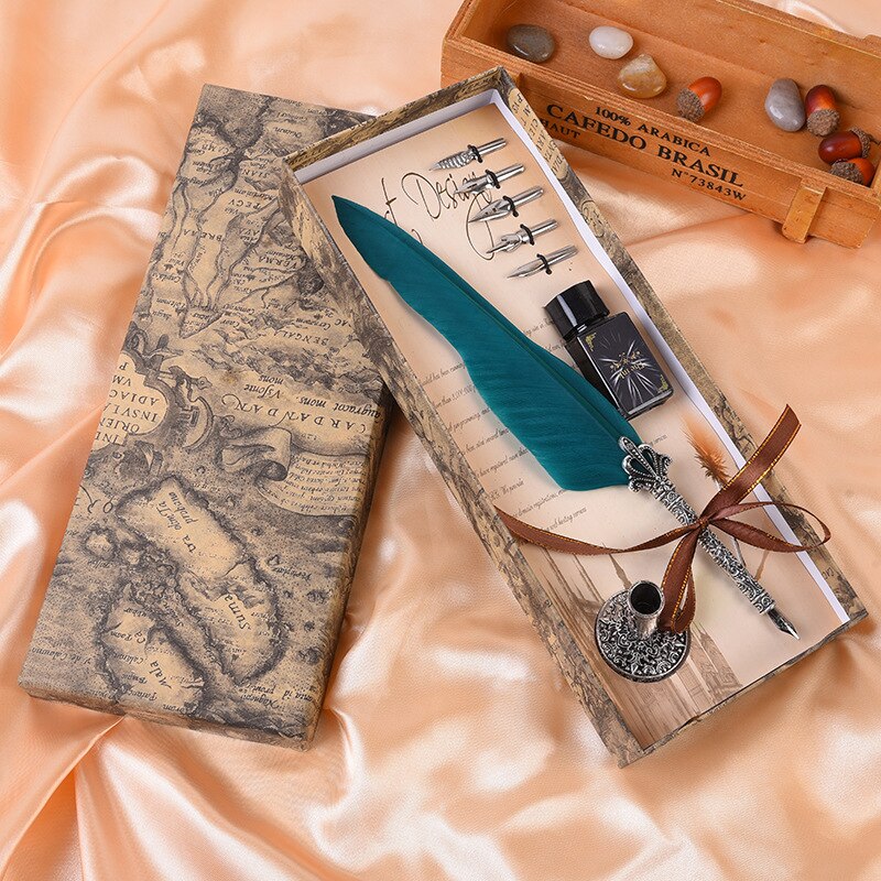 1Set Vintage Kalligrafie Veer Dip Schrijven Pen Inkt Set Briefpapier Box Met 5 Nib Festival Quill Fontein pen