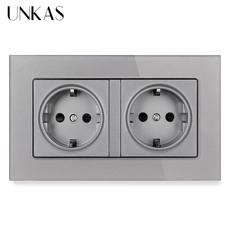 UNKAS Russia Spain EU Standard 16A Wall Socket Dual USB Charge Port Tempered Crystal Glass Panel Black White Grey Outlet: 146 EU Gray