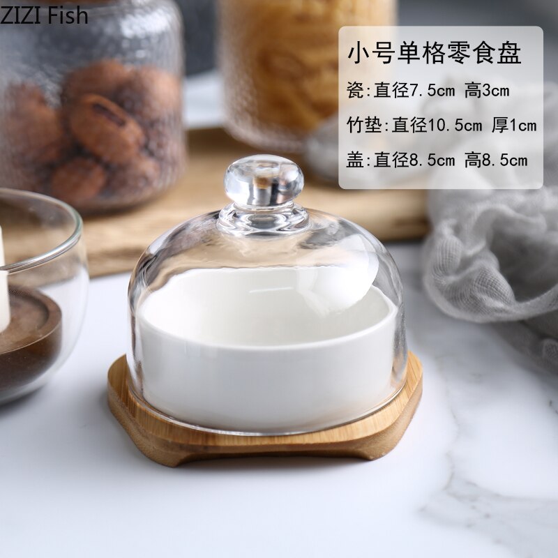 Noord-europese keramische snackschaal, set van 3 met glazen deksel, vershoudschaal voor restaurant, huishouden, taart, dessertschaal