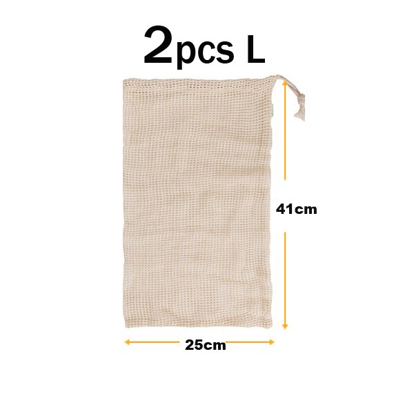 2 Stuks Katoenen Groente Tas Herbruikbare Katoenen Produceren Tassen Eco Mesh Zak Voor Groente Fruit Wasbare Trekkoord Rooster Zakken: 2pcs-L