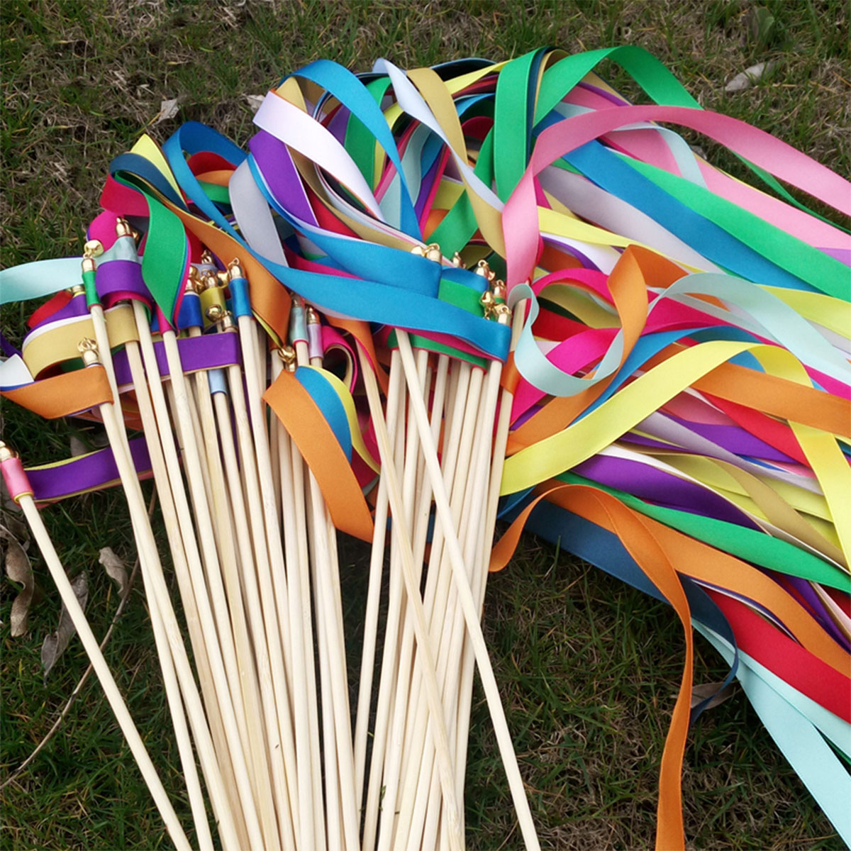 100Pcs Wedding Ribbon Wands with Bells Colourful Stick Wish Wands Wedding Streamers Celebration Decoration for Party