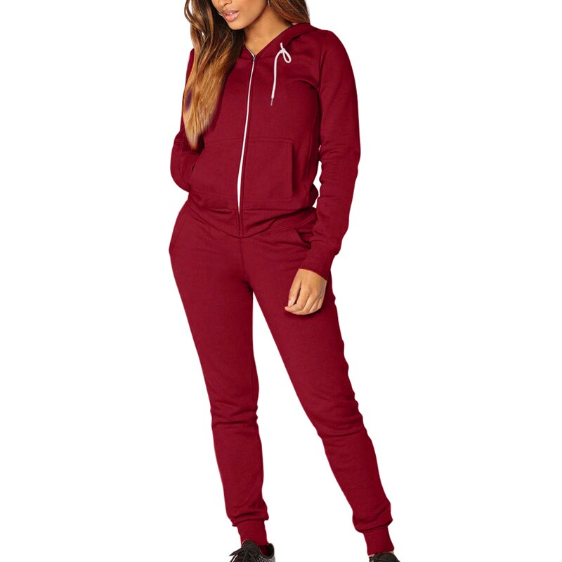Autumn Winter Two Pieces Sport Suit Women Tracksuits Fleece Pullover Tops Shirts Running Set Jogging Suits Sweatpants Yoga Set: wine red / M