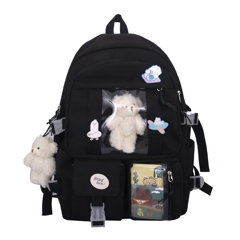 Nowy plecak dla dziewcząt do szkoły średniej torby szkolne dla nastoletnich dziewcząt wiele kieszeni plecak Kawaii kobiety Harajuku śliczne Mochila: 16 cali / Black