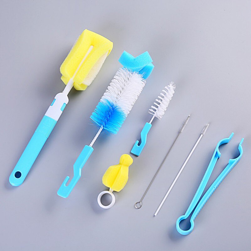 Ensemble de brosse pour biberon bébé éponge en plastique verre lait tasse à eau propre biberon tétine factice sucette brosses: BLUE 7SET