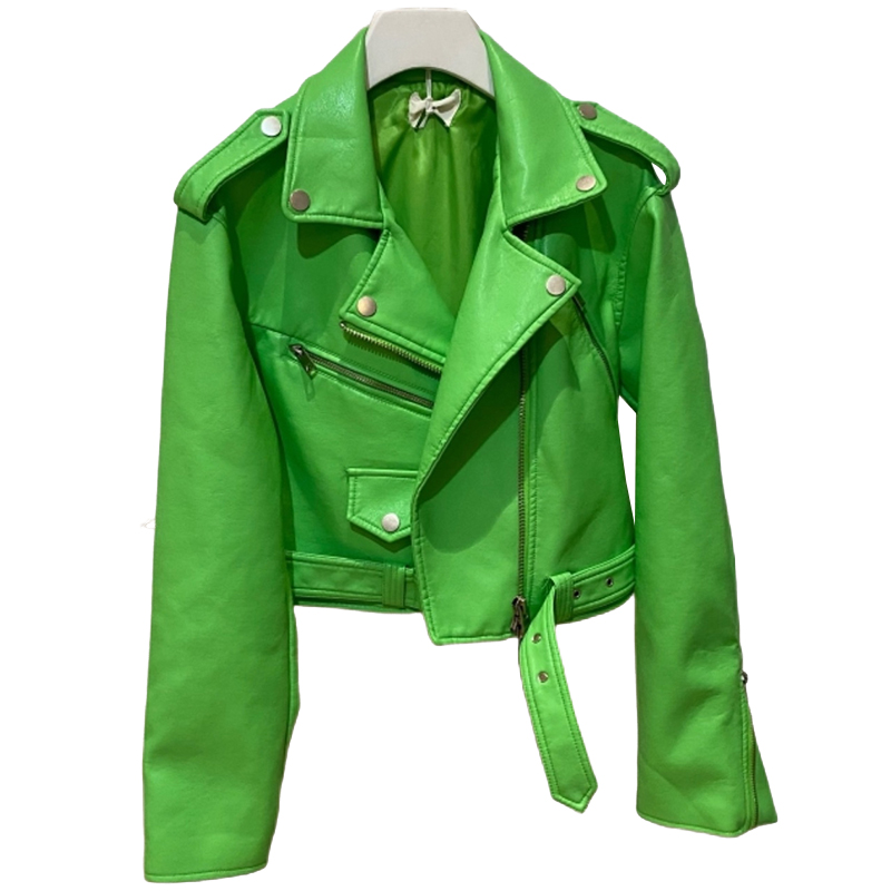 Lautaro-korte groene gekko biker leren jas voor dames, lange mouw, ritsriem, gekleurde stijlvolle bovenkleding, Y2K mode, 2024