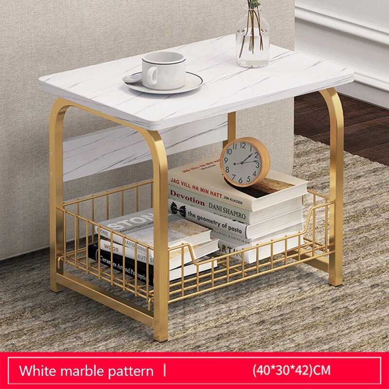 2~3 Tier Marble Pattern Coffee Table Wooden Tea Table White Sofa End Table Nightstand with Storage Basket Shelf for Bedroom: White-2L