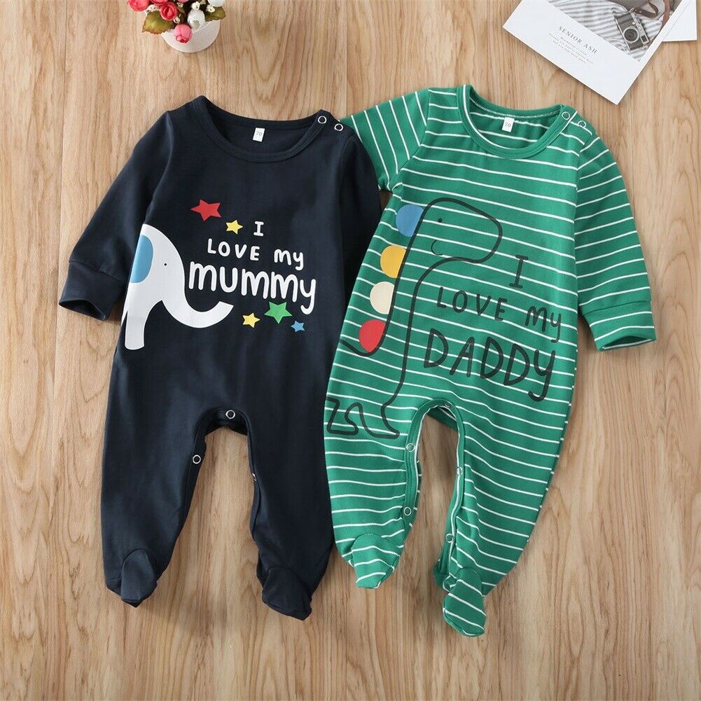 0-6M Newborn Kids Baby Boys Girls Footies Long Sleeve Striped Cartoon Print Clothes Outfit Sets