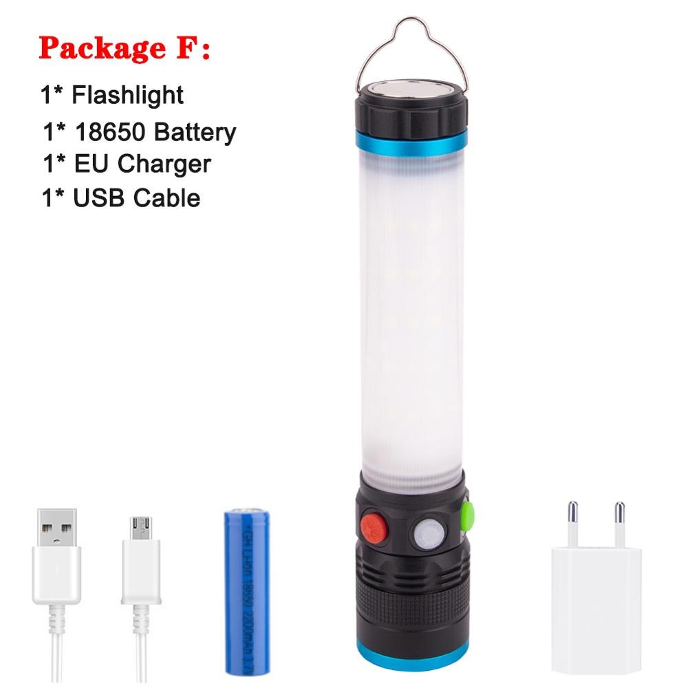 USB Rechargeable T6 LED Flashlight Work Light 8 modes Zoomable Power 18650 Torch With Hook Magnet For Camping Hiking Outdoor: Package F