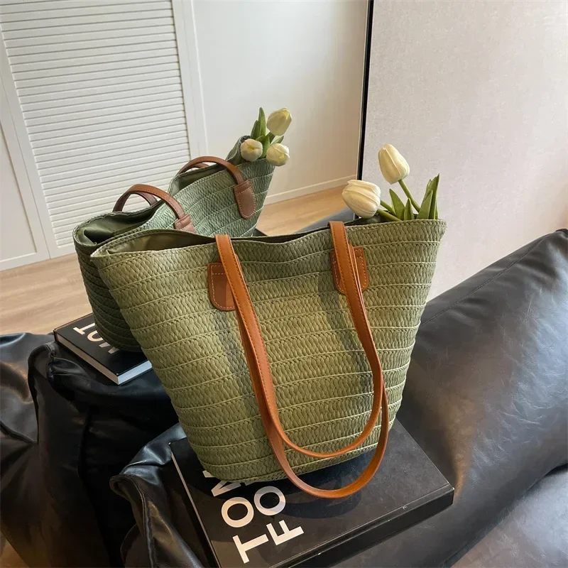Bolso de mano de cesta trenzada para mujer, bolso de hombro portátil de paja grande, monederos de en la playa, bolso de compras femenino