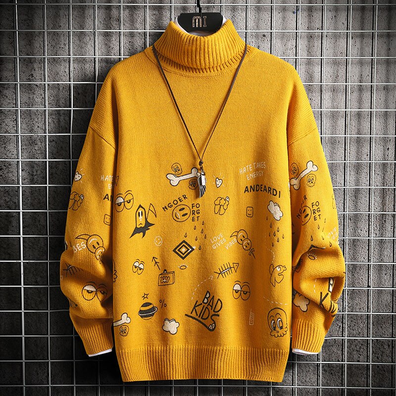 Singleroad herr polotröja herr vinter harajuku koreansk tröja höghalsad oversize polotröja vit tröja herr: Gul tröja män / Asiatisk -2l