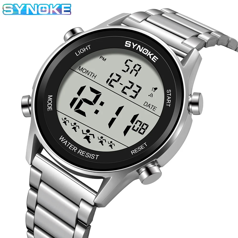 Synoke Top Luxe Roestvrijstalen Band Sporthorloges Heren Waterdicht Achterlicht Digitaal Polshorloge Mannelijk Alarm: Zilver