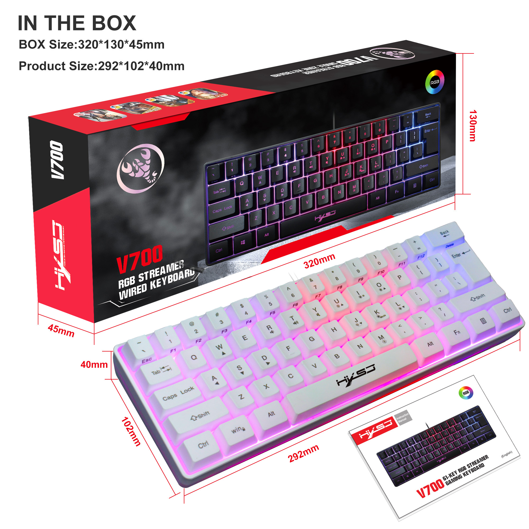 61 Keys Gaming Keyboard RGB Backlight Keyboard And Mouse Wired Gamer Keyboard for Computer MAC PS4: White