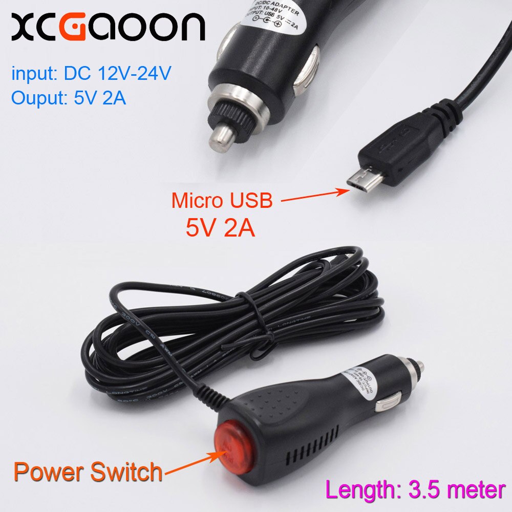 XCGaoon micro USB Autolader Met Schakelaar voor Smartphone/Auto DVR Camera/GPS, input 12 V 24 V Output 5 V 2A Kabel Lengte 3.5 m