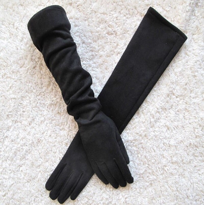 Touch Screen Gloves Warm Full Finger Gloves Winter Ladies Gloves Suede Long 50CM Arm Suede Touch Screen Thick Gloves: Black