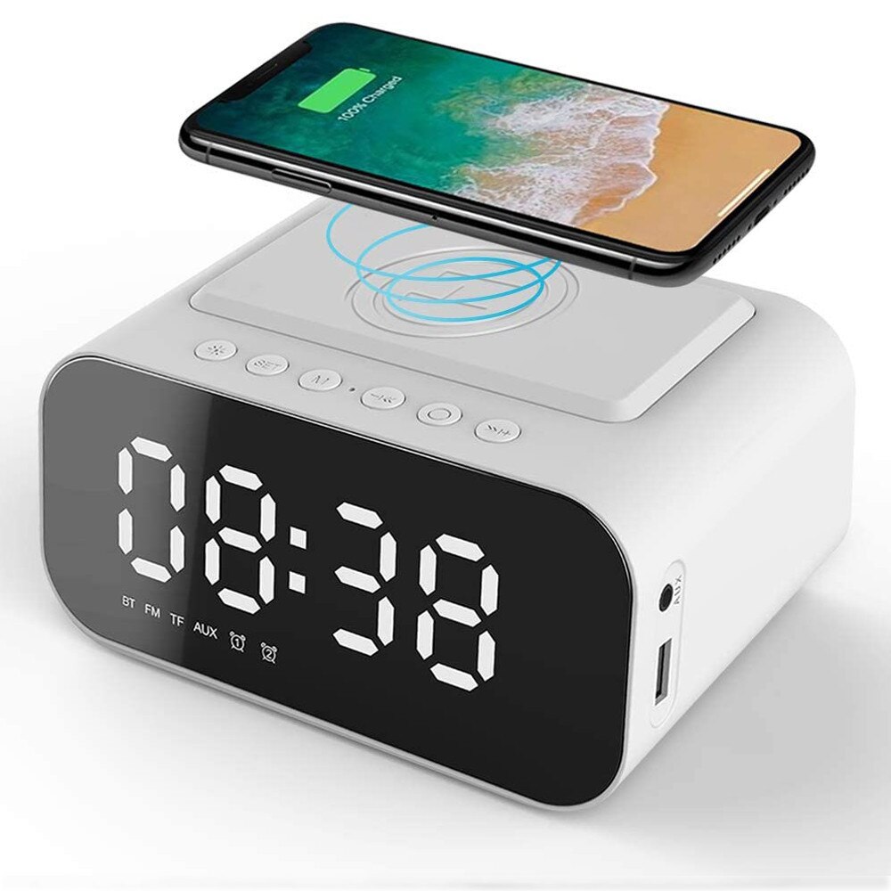 Digital Alarm Clock Home Digital Clocks Radio Bluetooth Speaker with USB Port and Wireless Charging Dual Alarm Big LED Display: White