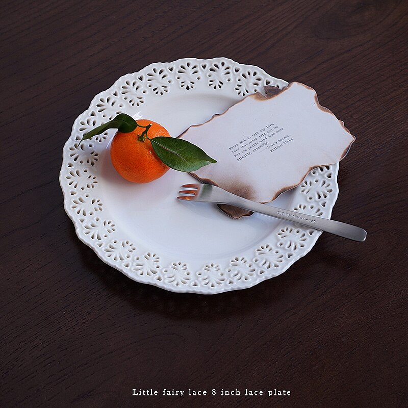 Ceramic 8 Inch Western Food Tray Afternoon Tea Snack Tray European Little Fairy Lace Cutout Pattern Plate