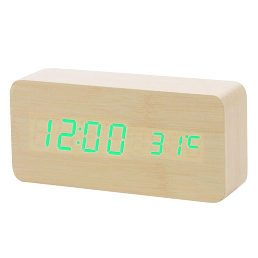 reloj despertador LED con Control de voz, termómetro Digital, retroiluminación de madera, reloj Retro brillante, mesa, Despertadores luminosos: Green Number Yellow