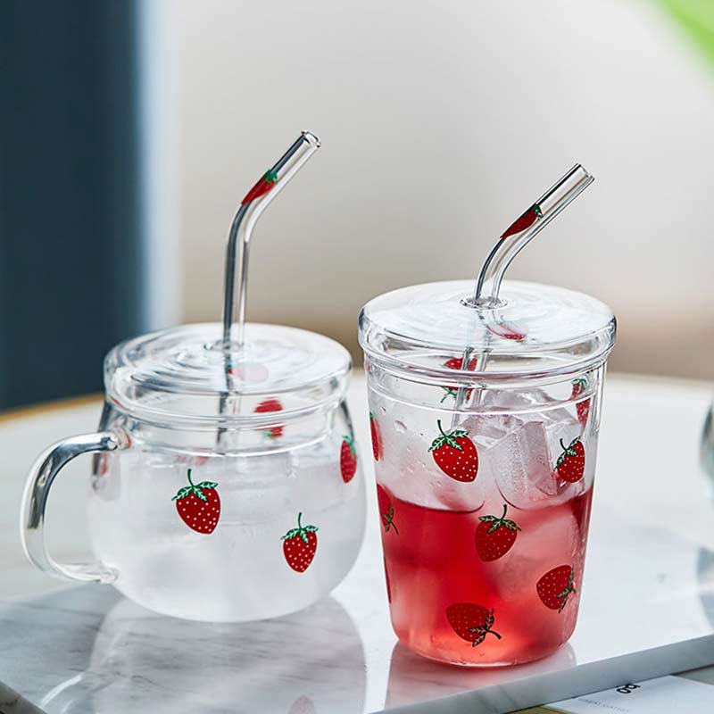 Nordic strawberry glass cup transparent milk cup juice water drinking cup hemmakontor värmebeständig kaffemugg med sugrör