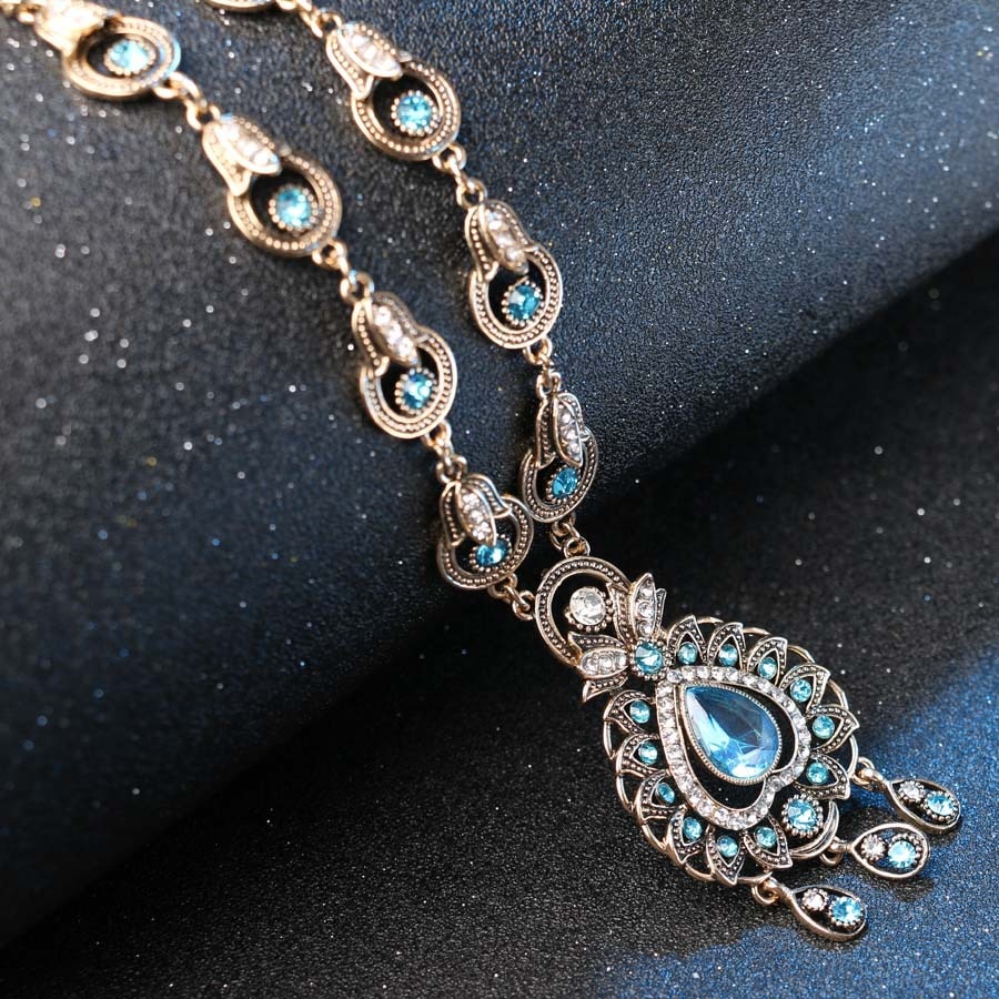 charm India Vintage Look Jewelry Sets Pendants Necklace Earring For Women GoldPlated Mosaic StoneBlue Crystal